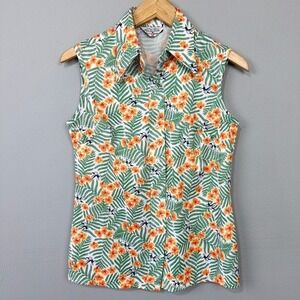 Vintage Sears Tropical Hawaiian Top Size 16 Retro Maximalist 60s 70s Blouse Bird